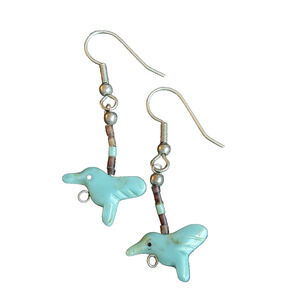 Vintage Native American Turquoise Bird Drop Dangle Earrings 2" Long Fetish Birds